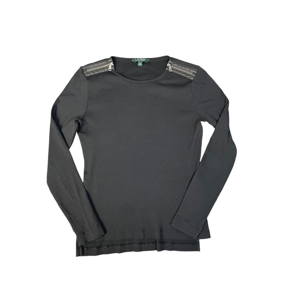 Lauren Ralph Lauren Women’s Black Ribbed L/S Top With Zipper Shoulder Details